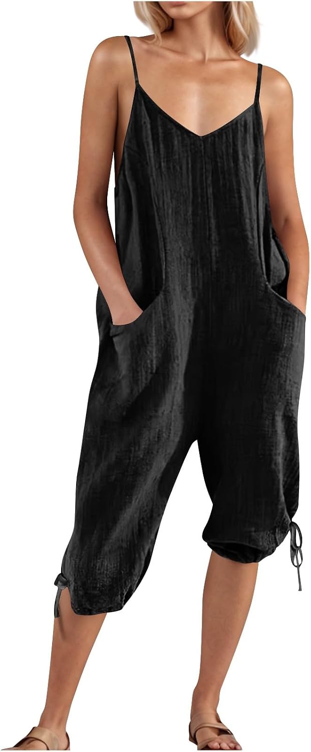 Womens Linen Capri Overalls Spaghetti Straps V Neck Cinch Bottom Rompers Casual Loose Fit Pant Jumpsuits with Pocket