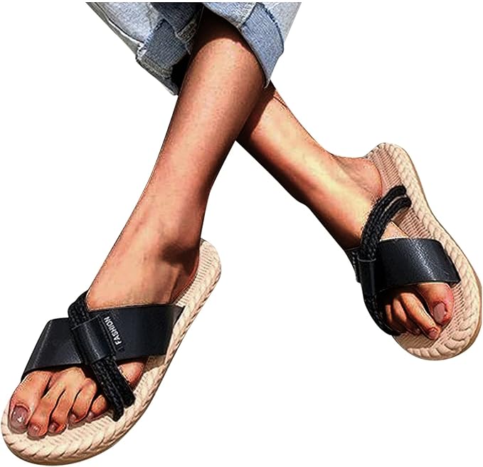 Amazon.com: Summer Women Slippers Casual Straw Cross Slip-On Arch Support Sandals Round Peep Toe 