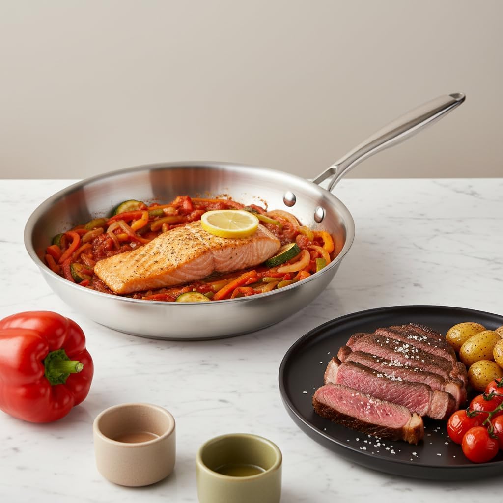 Santa Clara | Juego de Sartenes Acero Inoxidable 18/10 Trifusión 20-26-30 cm, Set de 3 Piezas Sin Revestimiento, Apta para Inducción, Horno, Gas y Vitro, Cocina Saludable y Libre de Tóxicos