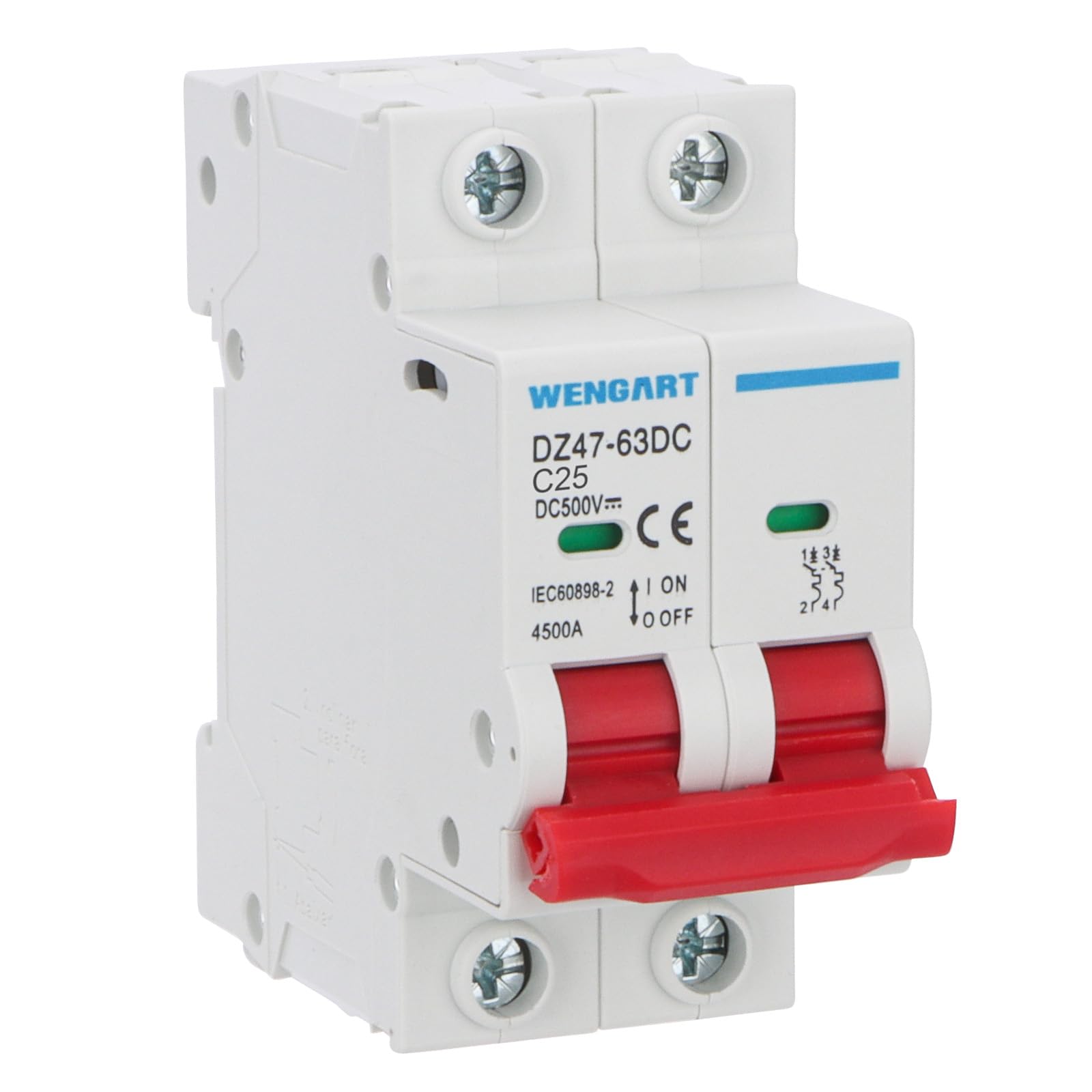Wengart Miniature Circuit Breaker DZ47-63Z, DC Disconnect Switch, 500V 25A 2 Poles, DIN Rail Mount, Work for Battery and Solar PV Systems and other DC Systems