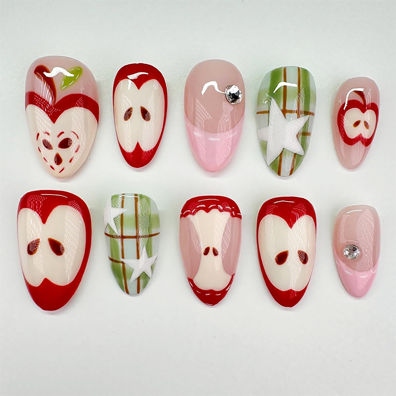 30pcs French Tip Press on Nails Medium Almond Fake Nails with Fruit Rhinestones Designs Apple False Nail Tips Glossy Acrylic Nails Cute Full Cover Glue on Nails for Women Nail Decorations