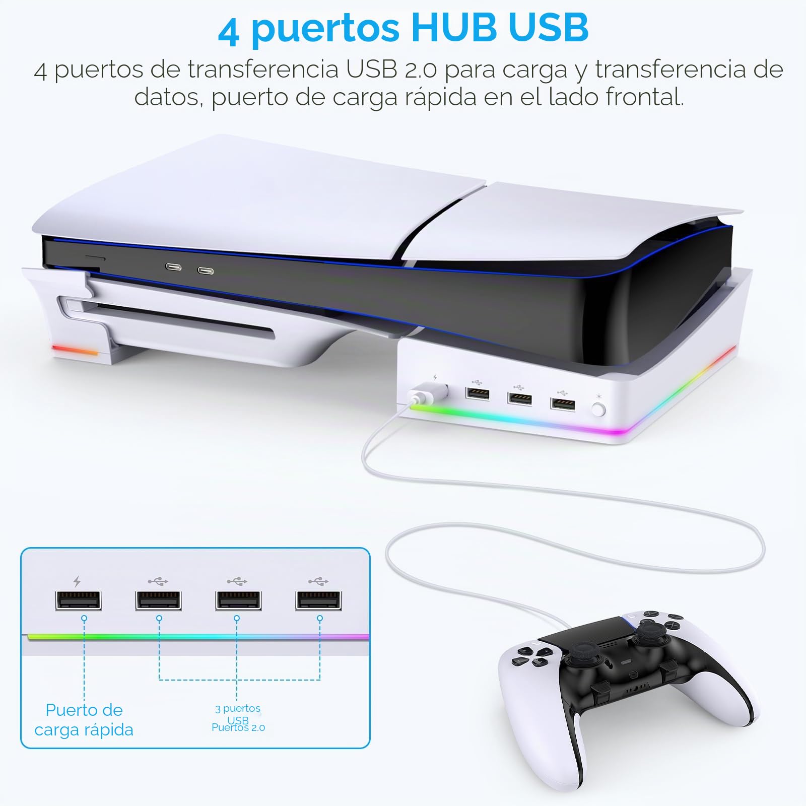 FYOUNG - Soporte de seguridad horizontal para PS5 Pro / PS5 Slim edición digital y disco con 14 luces RGB, accesorios de base de soporte antideslizante con 4 puertos USB - Blanco