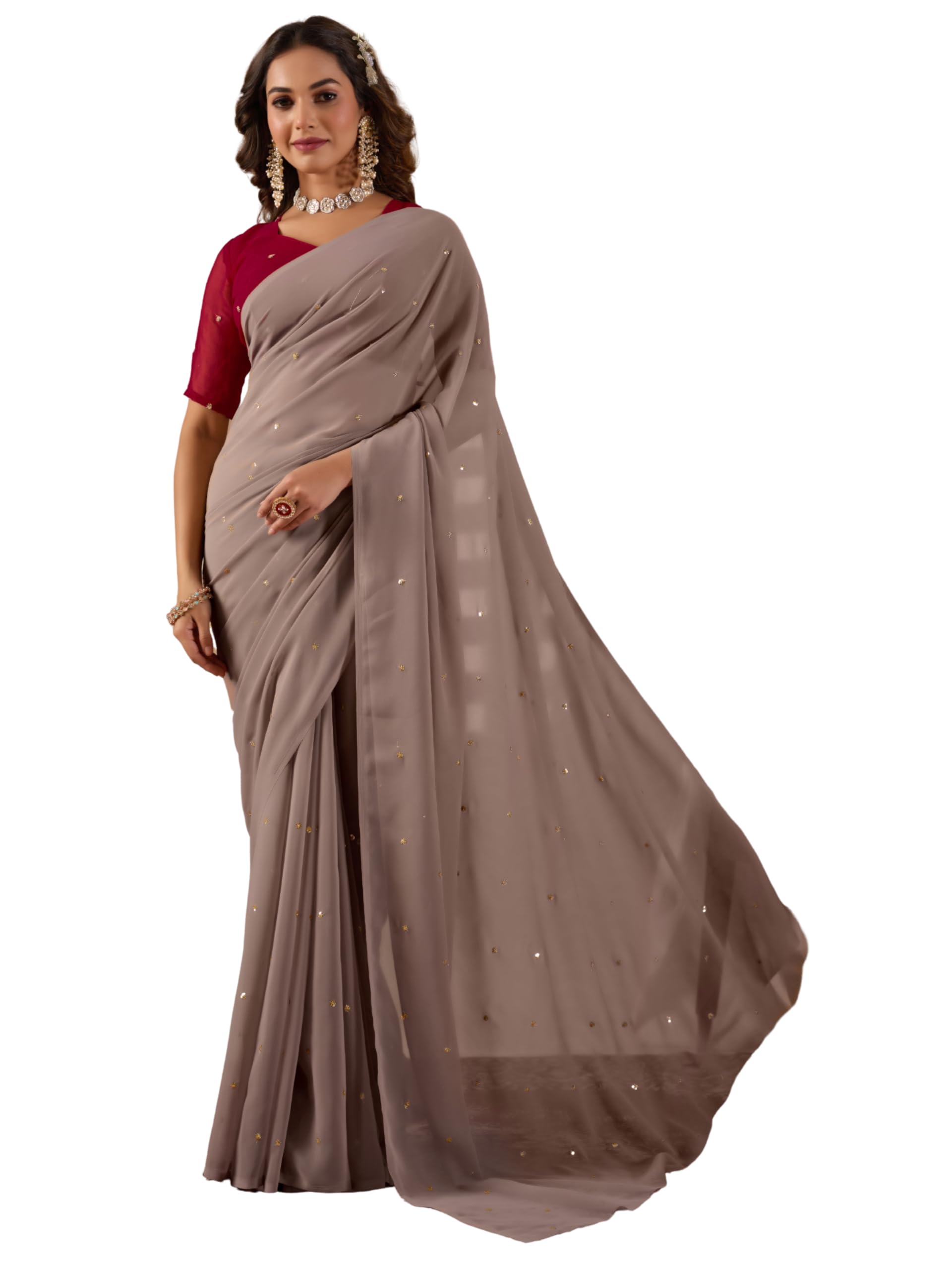 Faux Georgette Sequin Embroidered Saree for Women, Bollywood Style Party Designer Saree with Sequin Butti Work & Unstitched Blouse Piece, Elegant Festive Georgette Sari-picture-56