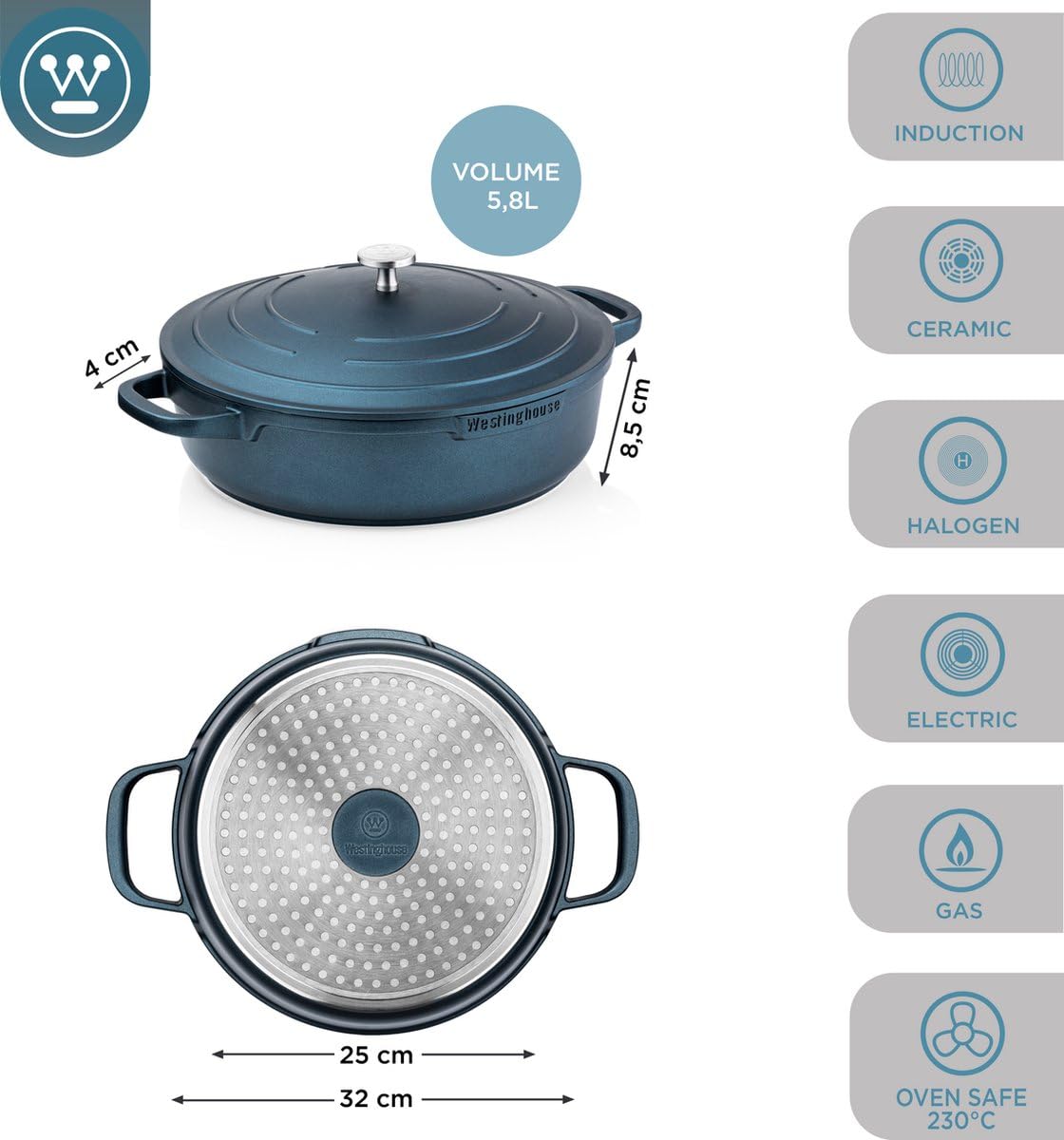 Westinghouse Performance Series 32 cm Blue Casserole Sauté Pan with Lid & Handle Holder | Non-Stick, Induction & Oven Safe, Dishwasher Friendly | Heavy-Duty Aluminum Cookware for All Hobs 3