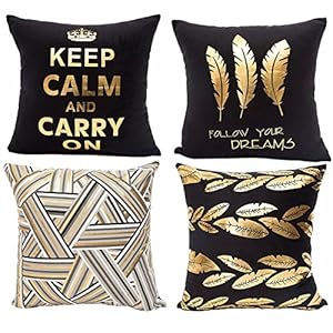 JOTOM Gold Foil Printing Pillow Case Cover Cushion Cover for Sofa Car Home Decor 45x45cm Set of 4 (Black Hot stamping)