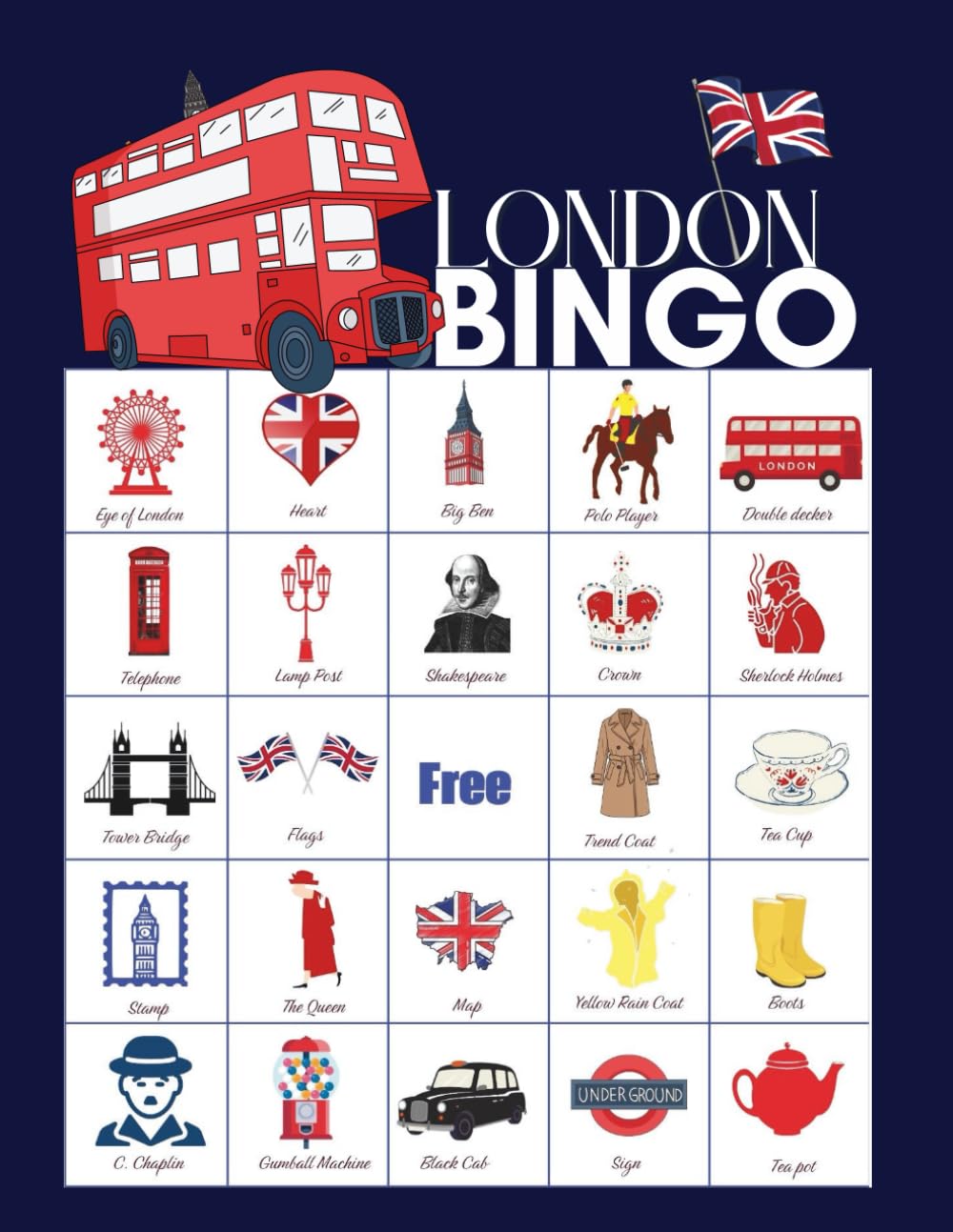 London Bingo: 32-Player British Bingo Game Set perfect for UK Royal Celebration Activities, Street Parties, and Union Jack Party Favors