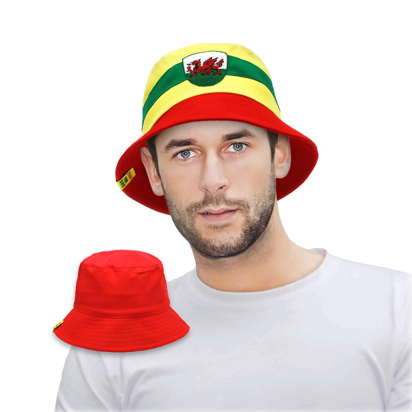 Strength & Honour Unisex Red And White Welsh Bucket Hat Reversible - Wales Yma O Hyd Euros World Cup Adult Supporters Hat Football Rugby Outdoor Red On Reverse Thick Fabric