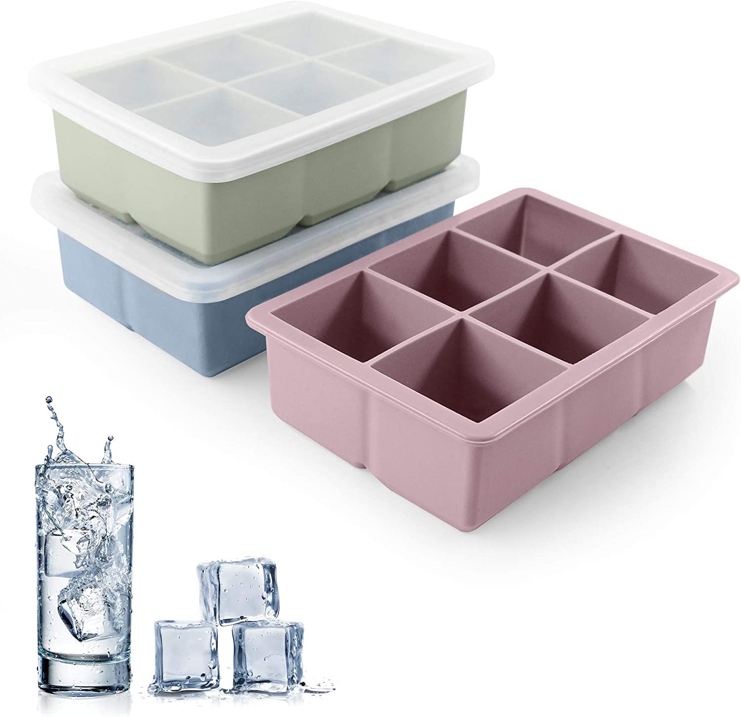 Jisile Large Silicone Ice Cube Trays, Set of 3 – 6-Cavity Square Moulds with Spill-Resistant Lid | BPA-Free XL 5cm Slow-Melt Ice Maker for Whisky, Gin & Tonic, Cocktails | Dishwasher Safe