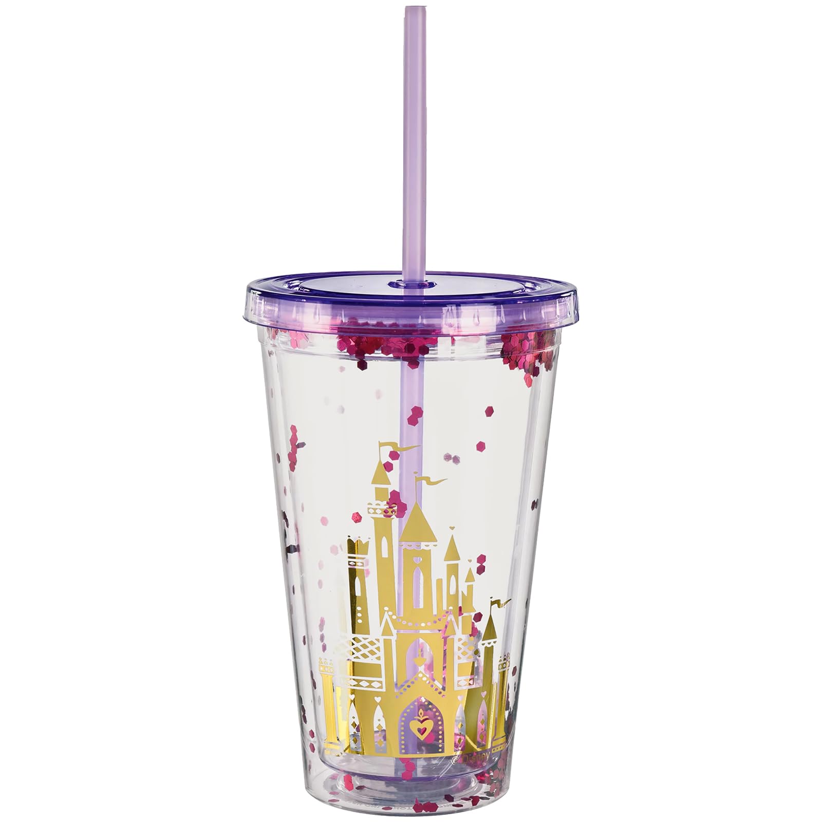 Disney Princess Glitter Confetti Plastic Party Cup with Straw & Lid - 16 oz. | Clear | 1 Pc.