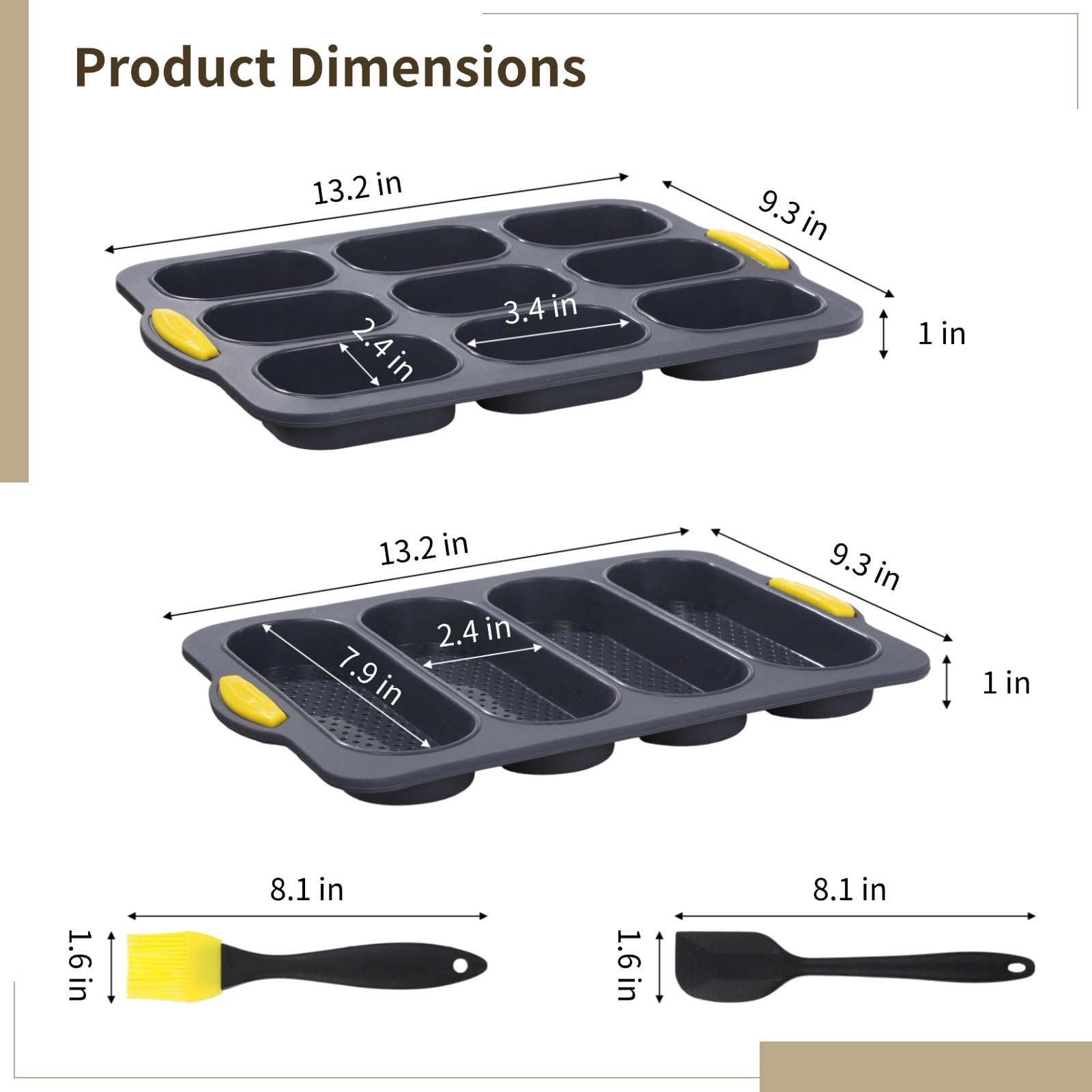 4 Stk. Silikon Baguette Backformen Set, perforierte französische Brotformen mit 9 und 4 Mulden, antihaft Silikon Backblech für Brot und Gebäck, mit Spatel und Ölpinsel