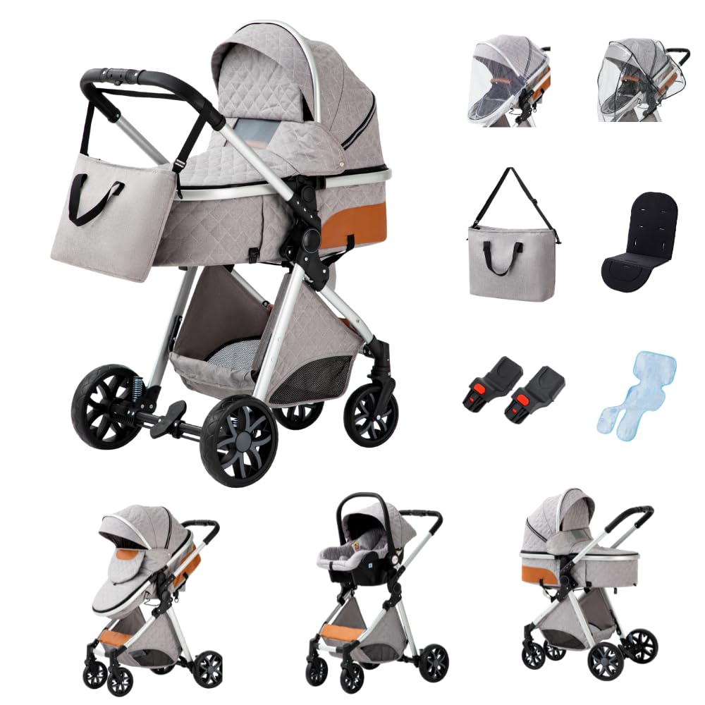 GLOKID passeggino trio 3 in 1, pieghevole, carrozzina reversibile fronte mamma e strada, sistema modulare con carrozzina per neonati, con borsa, zanzariera e parapioggia (PTV9 Grigio chiaro)
