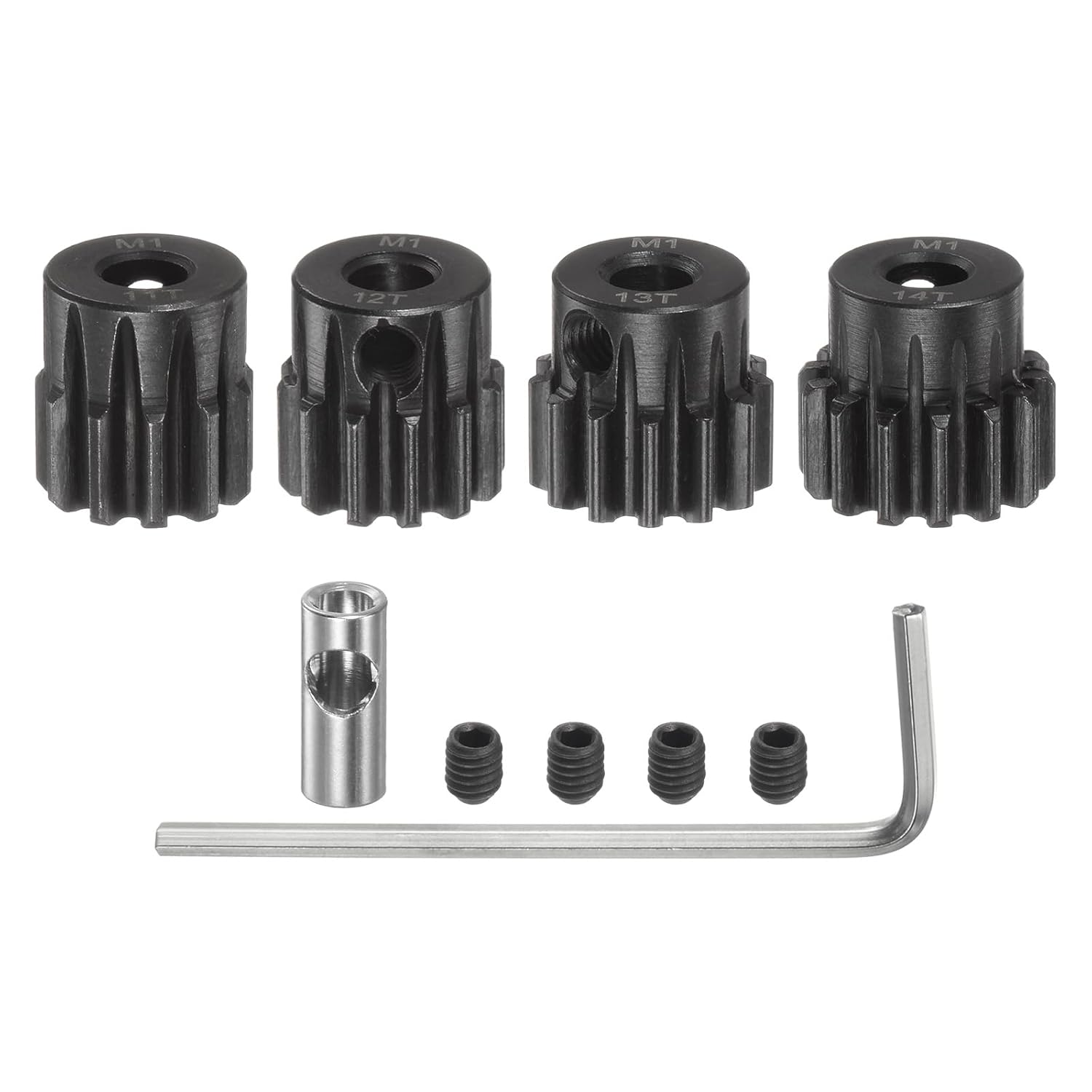 uxcell M1 Mod1 Pinion Gear Set 5mm Shaft 11T 12T 13T 14T Motor Gears Hardened Steel Pinion Gear with 3.17mm Coupler for RC Car (4pcs)