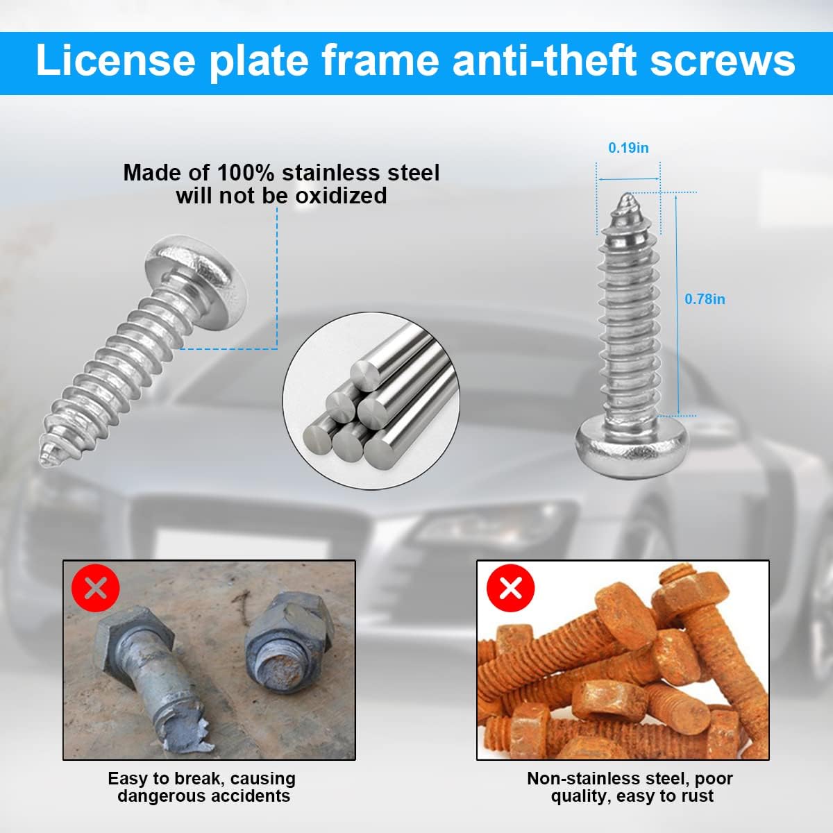 YALOK Anti Theft License Plate Screws Kits- Rustproof Stainless Steel Car Tag Plate Mounting Hardware, M6 (1/4") Tamper Proof Fastener Nut, Caps Cover for Front Rear Frame Holder Mounting（Silver-Set2）
