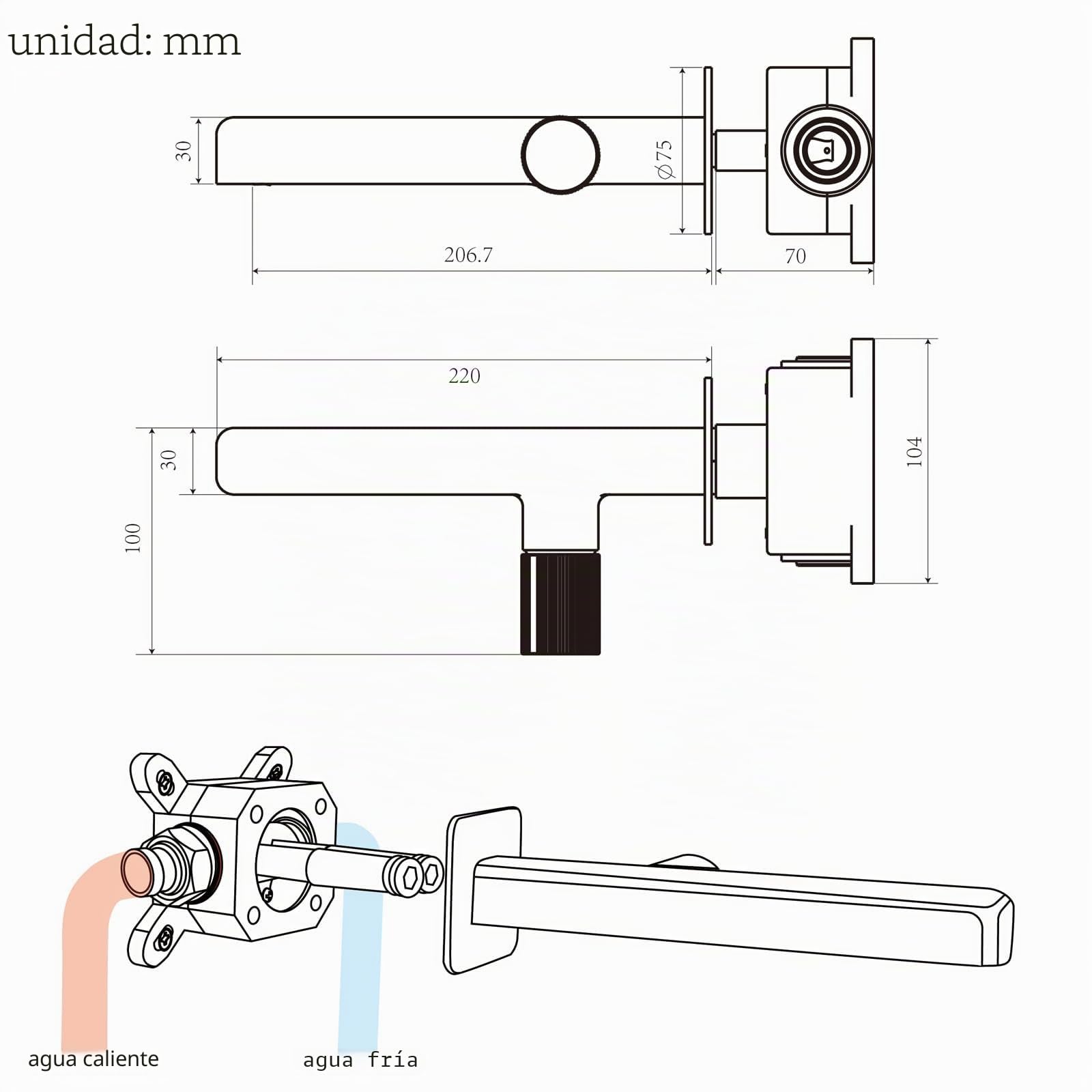 Grifo Lavabo Empotrado, Grifo de Pared Baño, Grifo Monomando Baño, Mezclador Agua Fría y Caliente, Dorado Cepillado, 8M4OK
