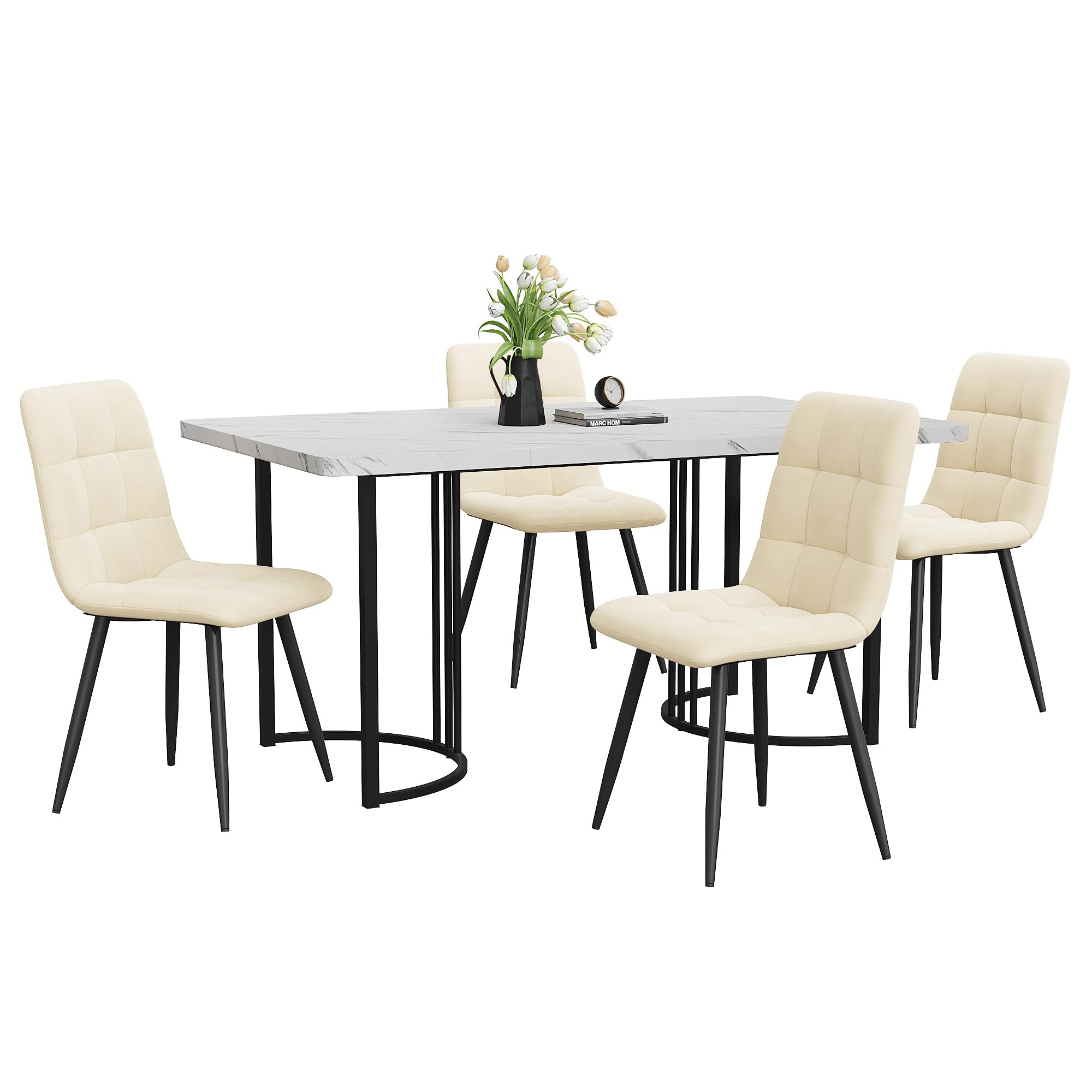 140×80cm Juego de mesa de comedor de 5 piezas con 4 sillas tapizadas de terciopelo, mesas de cocina rectangulares con patas negras, estructura de metal y tablero de mármol, Beige