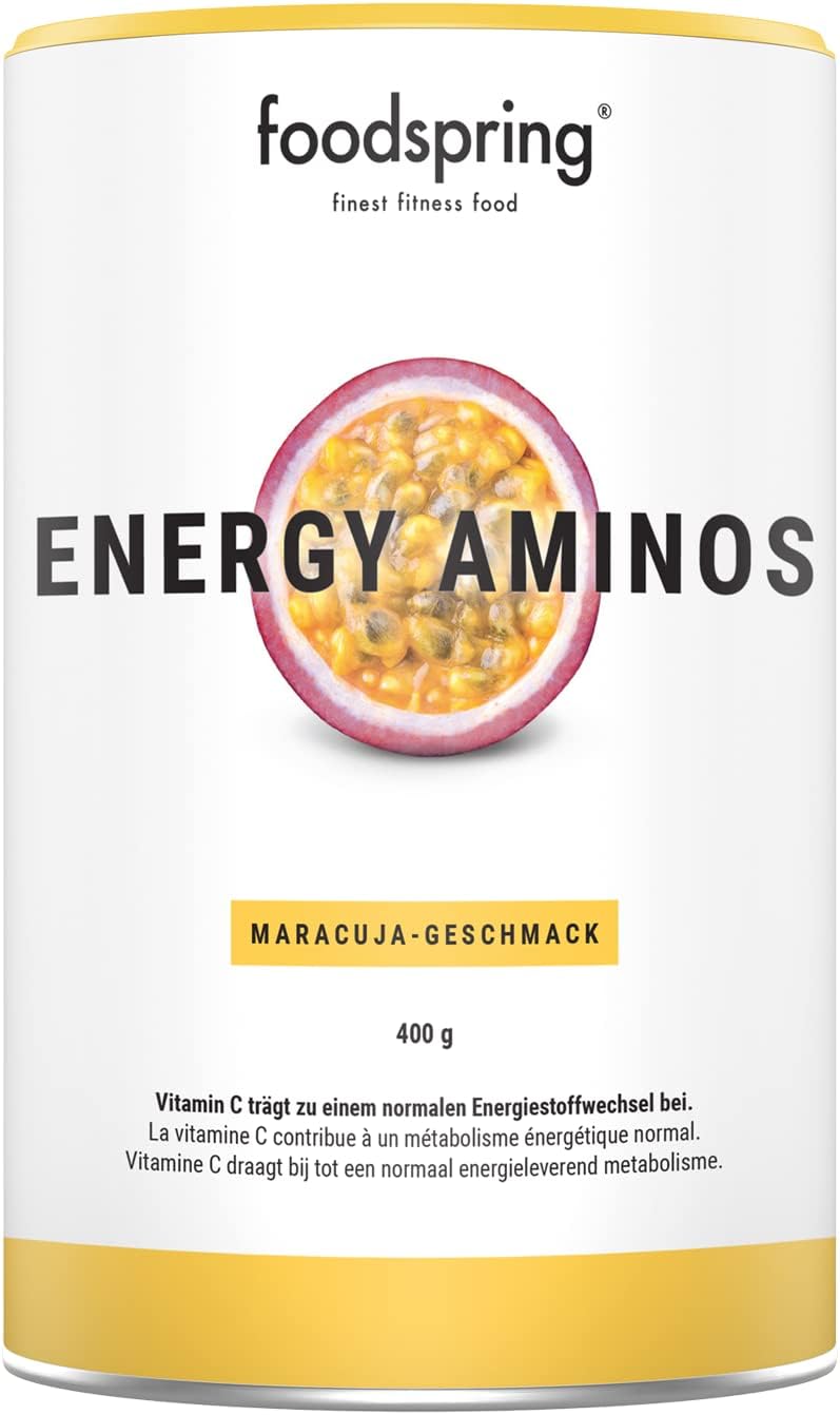 foodspringEnergy Aminos, Passion Fruit, 400g, pre-Workout Booster with Vitamin C, B3, B12, Caffeine, Piperine and Vegan BCAAs