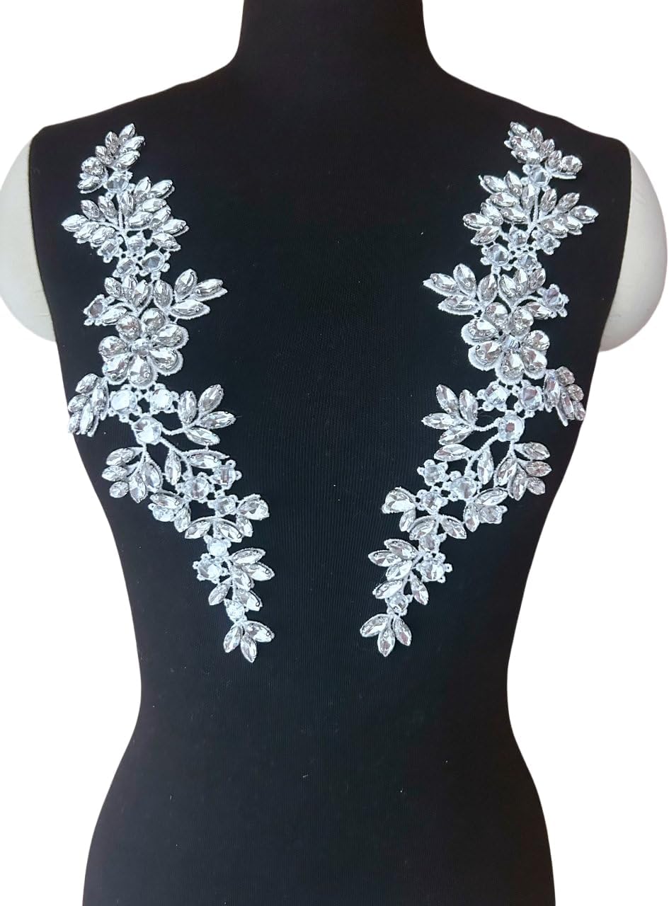 Lace Costumes Beaded Appliques Patches White Glass Rhinestones Crystals Designer DIY Garment Sewing Stage Dance Wear Wedding Party Dresses Accessories Crafts 1 Pair, ymal-h-0401
