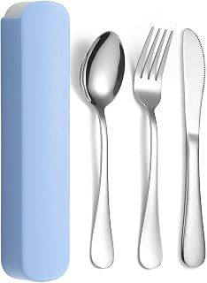Cubiertos Camping, 3PCS Cubiertos Camping de Acero Inoxidable, con cuchara, Tenedor y Cuchillo, Resistente a la Oxidación para llevar al Trabajo, Viaje, Acampadas (Azul)