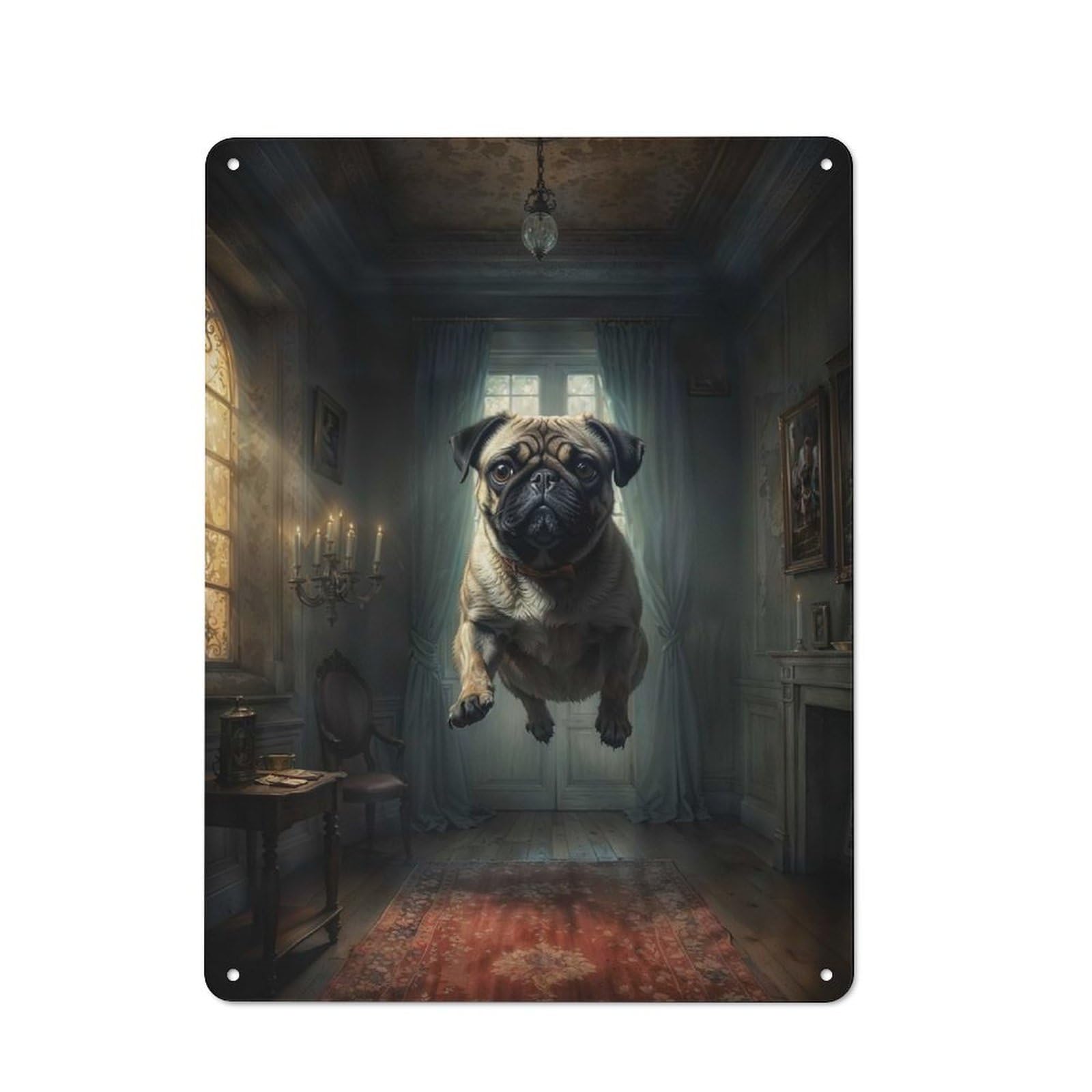 Junmoney Pug In Haunted Mansion Retro Printed Metal Sign 40X30cm For Living Room Wall, Wall Decor For People Reorganising Living Room