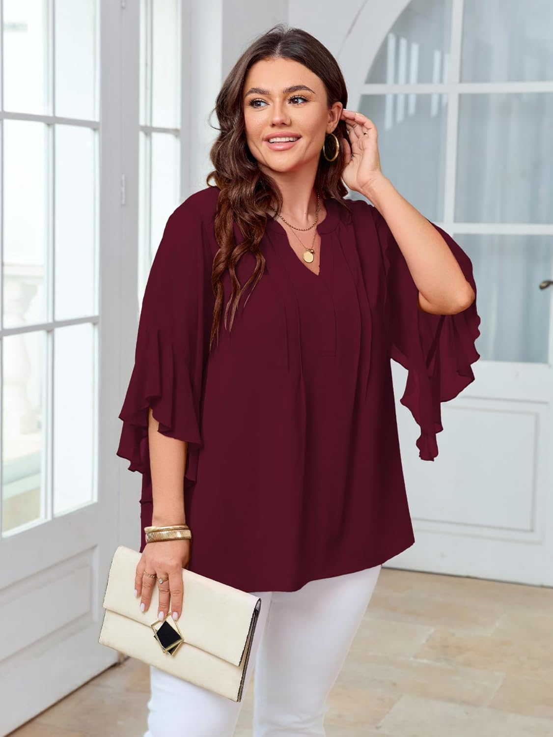 SCOMCHIC Women's Plus Size Blouse 3/4 Sleeve V Neck Chiffon Dressy Casual Shirts Business Work Office Tunic Tops XL-5XL - Image 4