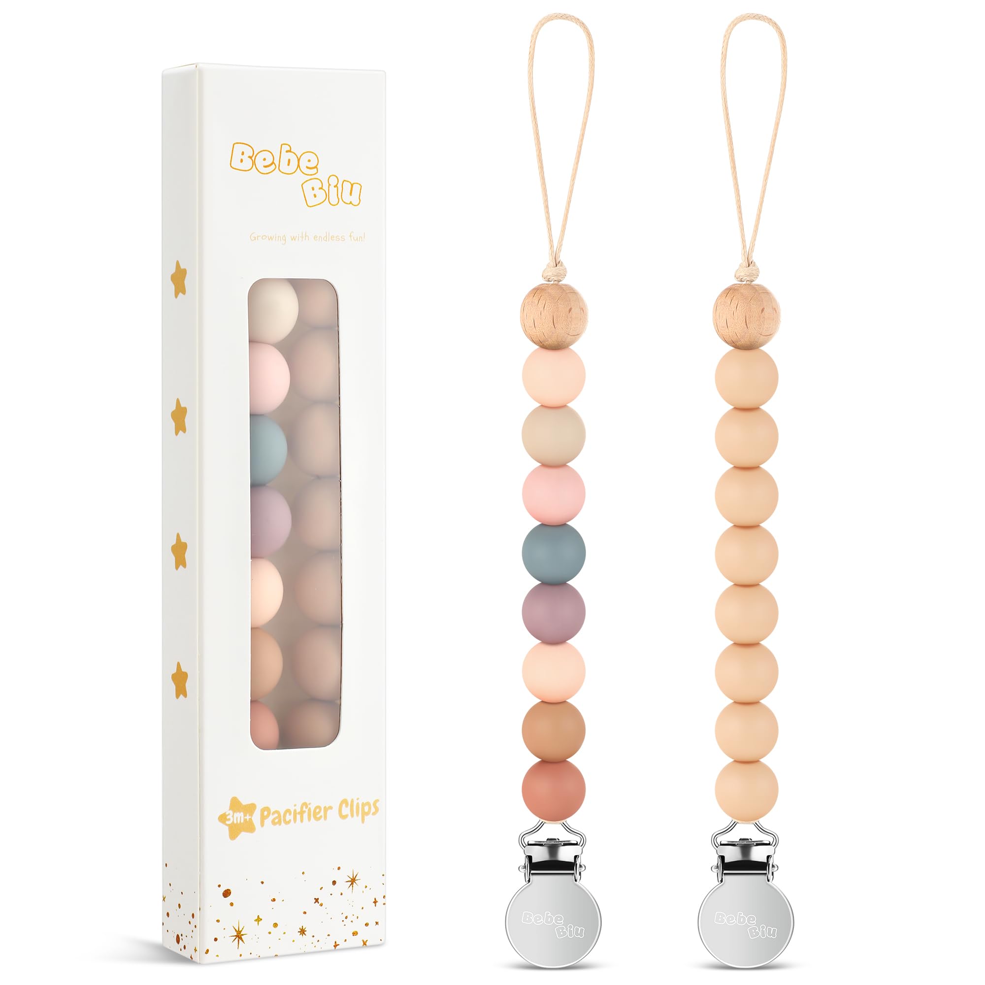 BebeBiu 2 Pack Pacifier Clips, Silicone Pacifier Clip for Baby Boys and Girls, Baby Pacifier Strap with Silicone Beads, Soother Dummy Holder, Pacifier