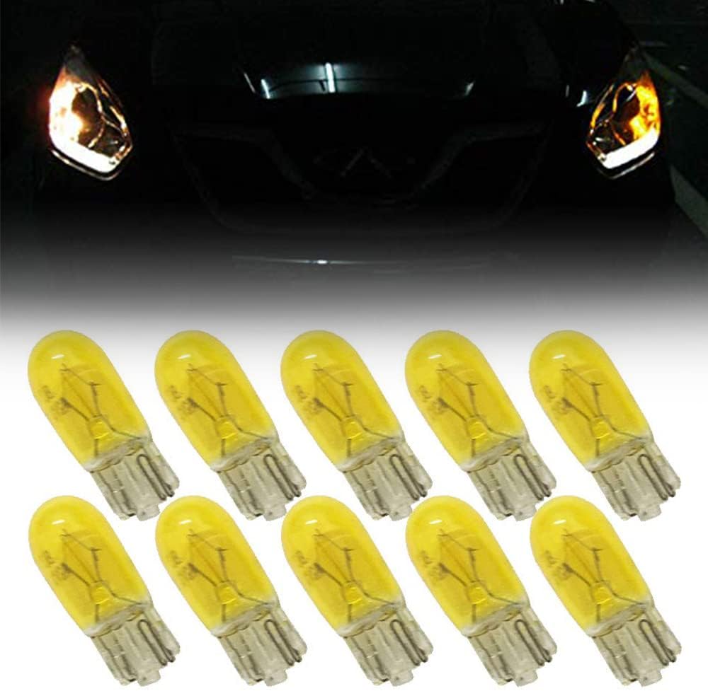NSLUMO Yellow T10 W5W Halogen bulb - T10 Halogen Car Yellow Lamps 168 194 w5w Turn Side License Plate Light Car Parking Dome Reading Interior Lamp (10PCS)