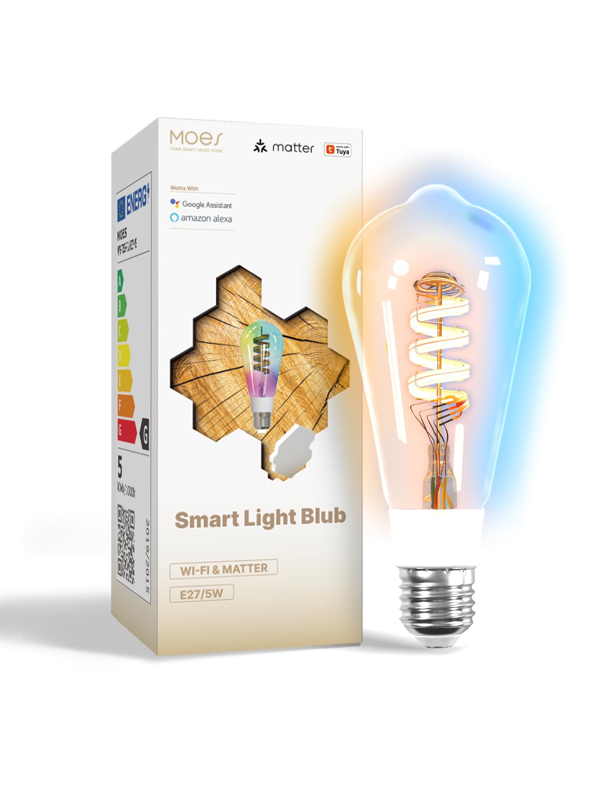 MOES Matter Smart Alexa Glühbirne E27 Vintage, WLAN RGB LED Lampe, Dimmbar, 5W, 2700K-6500K Warmweiss & Kaltweiß, Edison Birne,16 Mio. Farben, Kompatibel mit Apple Home,Alexa,Google Home