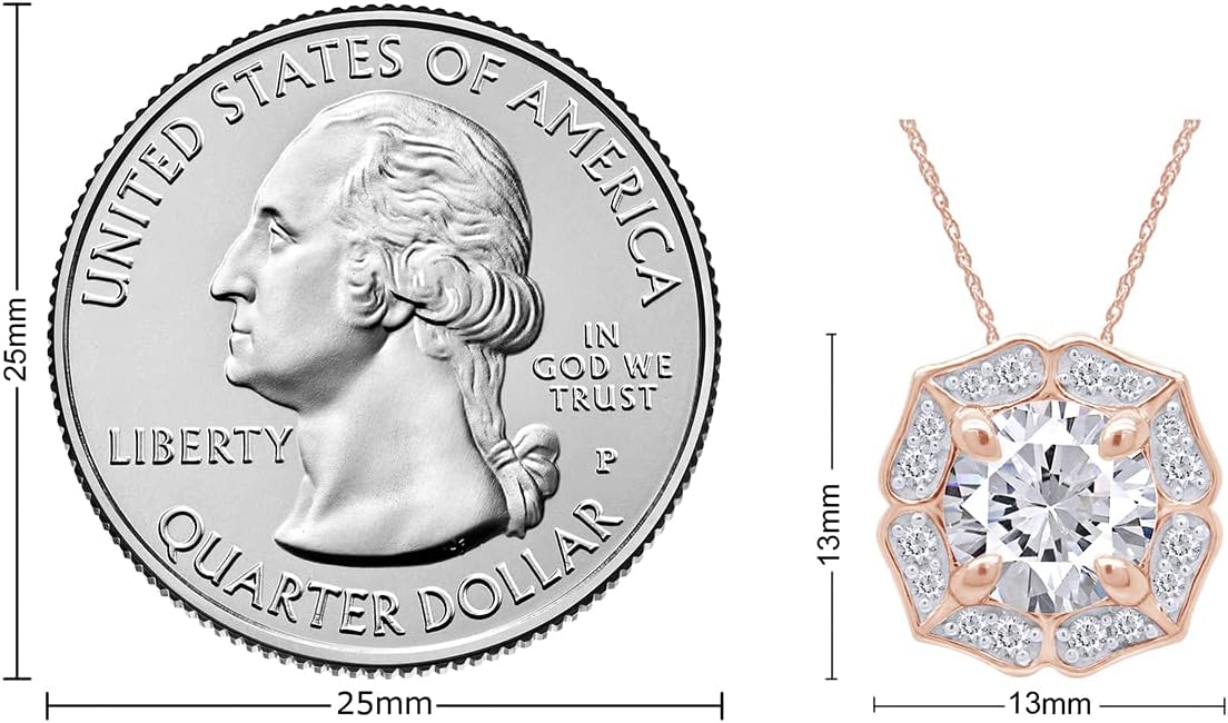 SAVEARTH DIAMONDS Vintage Floral Design, Center 7MM Round Cut Lab Created Moissanite Diamond With Accents Halo Drop Pendant Necklace In 14k Gold Over Sterling Silver, 18" Chain (1.33 Cttw)