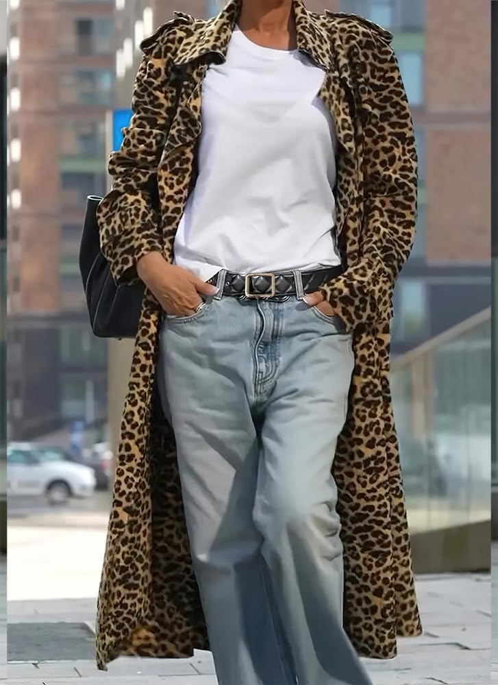 chouyatou Women's Leopard Print Faux Suede Coat Open Front Notch Lapel Midi Long Winter Trench Coat - Image 2
