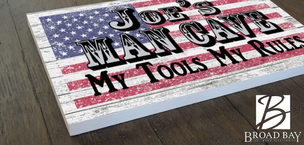 Man Cave Sign Personalized for Men – Custom Name & Saying – American Flag Wall Art – Gift for Dad, Husband, Brother – Garage or Workshop Decor – 16.5" x 10.5"