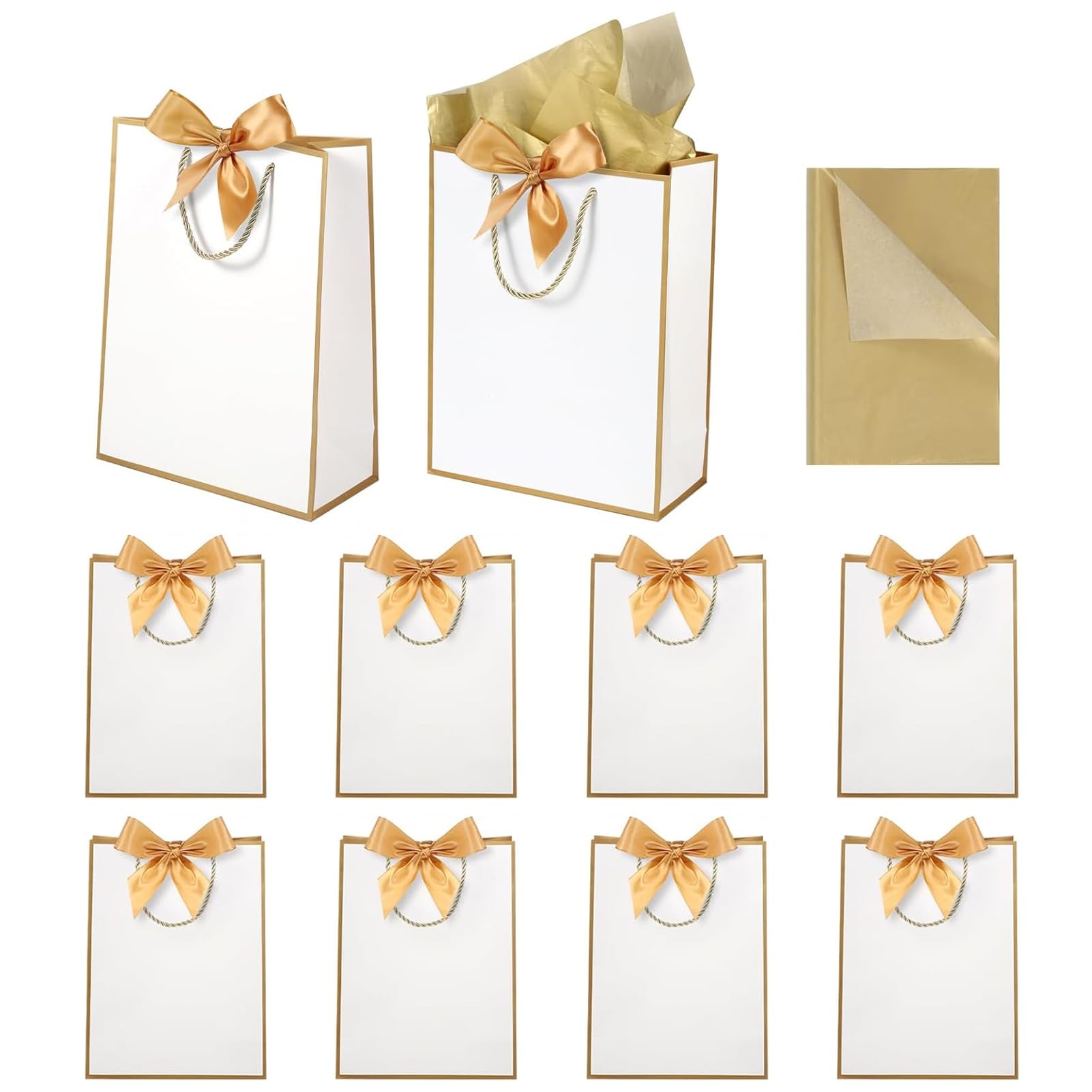 10pcs Gift Bags with 10 Tissue Paper and Ribbon, 11.4" X 8.7" X 4" Durable Gift Bags for Wedding, Baby Shower, and Bridesmaid Party