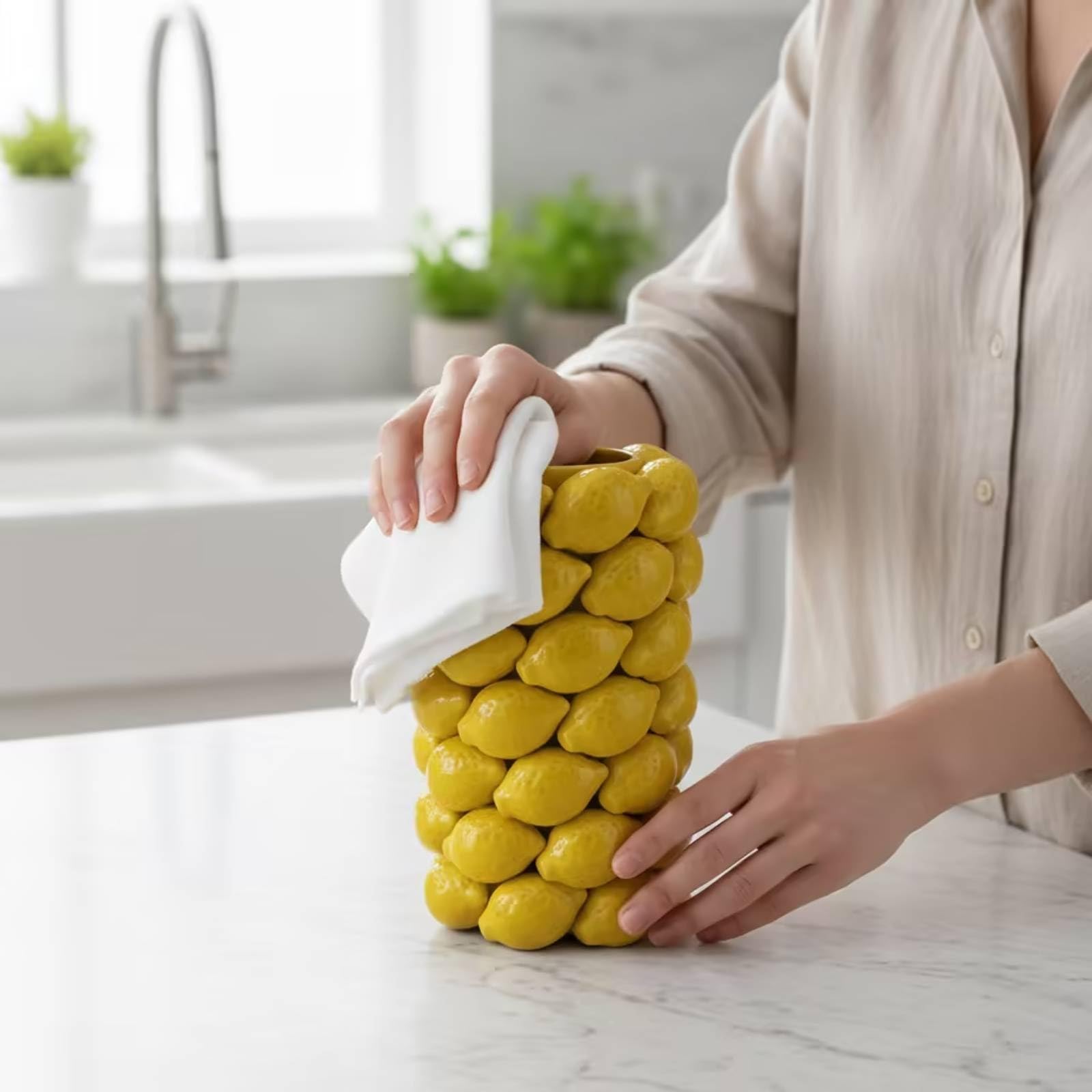 Gralara Florero Cerámica con Cítrico corativo Jarrón Cerámica con Cítrico Bonito Jarrón Limones en Relieve para Mesa, 18-18-30cm, H0821g