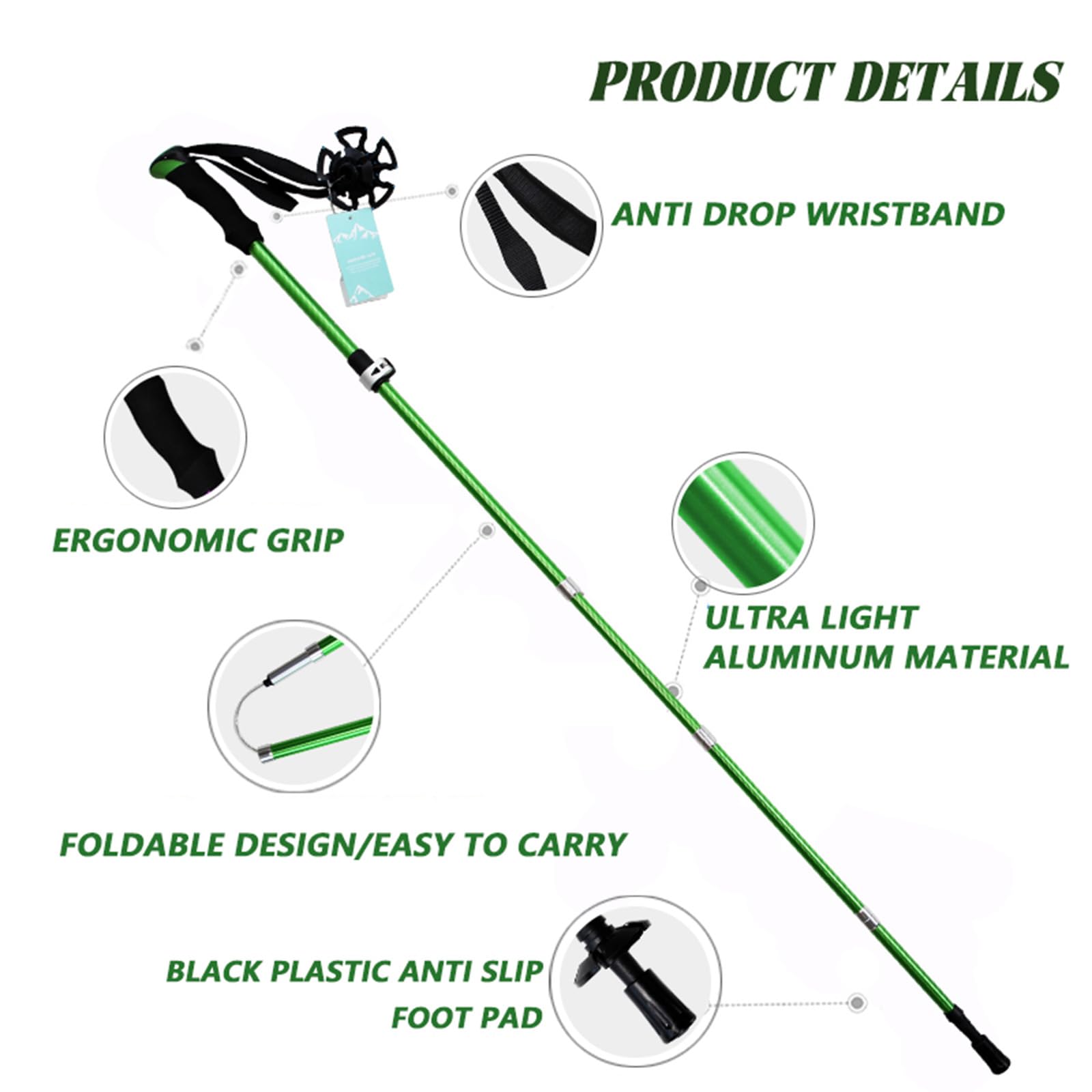 O kijki trekkingowe (2 ps), teleskopowe składane, kijki trekkingowe ze stopu aluminium, lekkie i trwałe, odpowiednie do wędrówek, wspinaczki (110-135 cm)