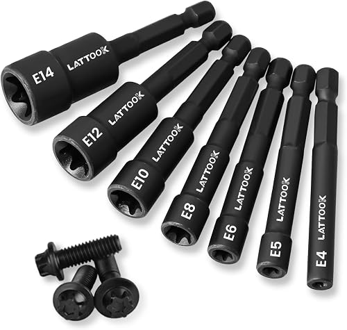 7PCS E-TORX Nut Driver Set | 1/4'' Hex Shank, Female Torx Nut Driver, External Star Nut Driver Set for Impact Drill, E4 E5 E6 E8 E10 E12 E14