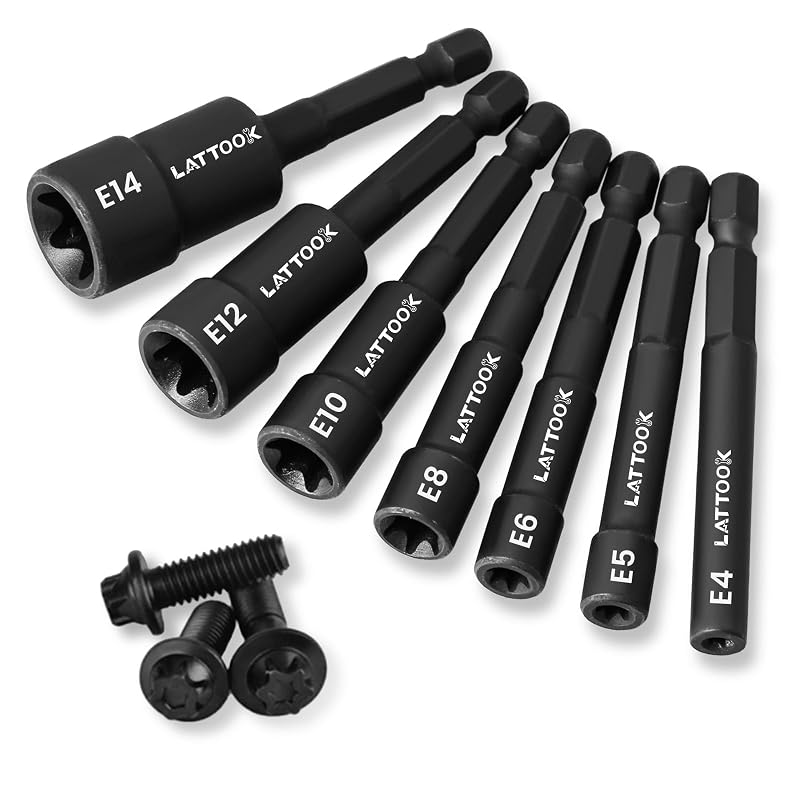 Kit de Soquetes E-TORX com Haste Sextavada de 6,35 mm LATTOOK LTK-GJ12, E4 a E14, 7 peças