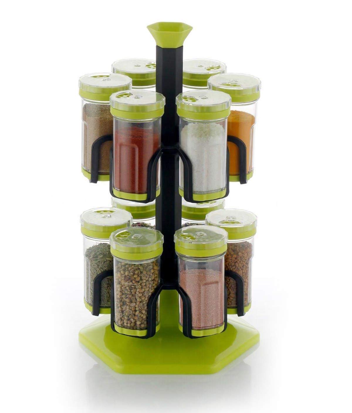 Khandekar Plastic 12-Jar Revolving Spice Rack, Countertop Spice Organizer, 2 Tier Condiment Carousel Tower Set for Kitchen - Green, 4 oz/each