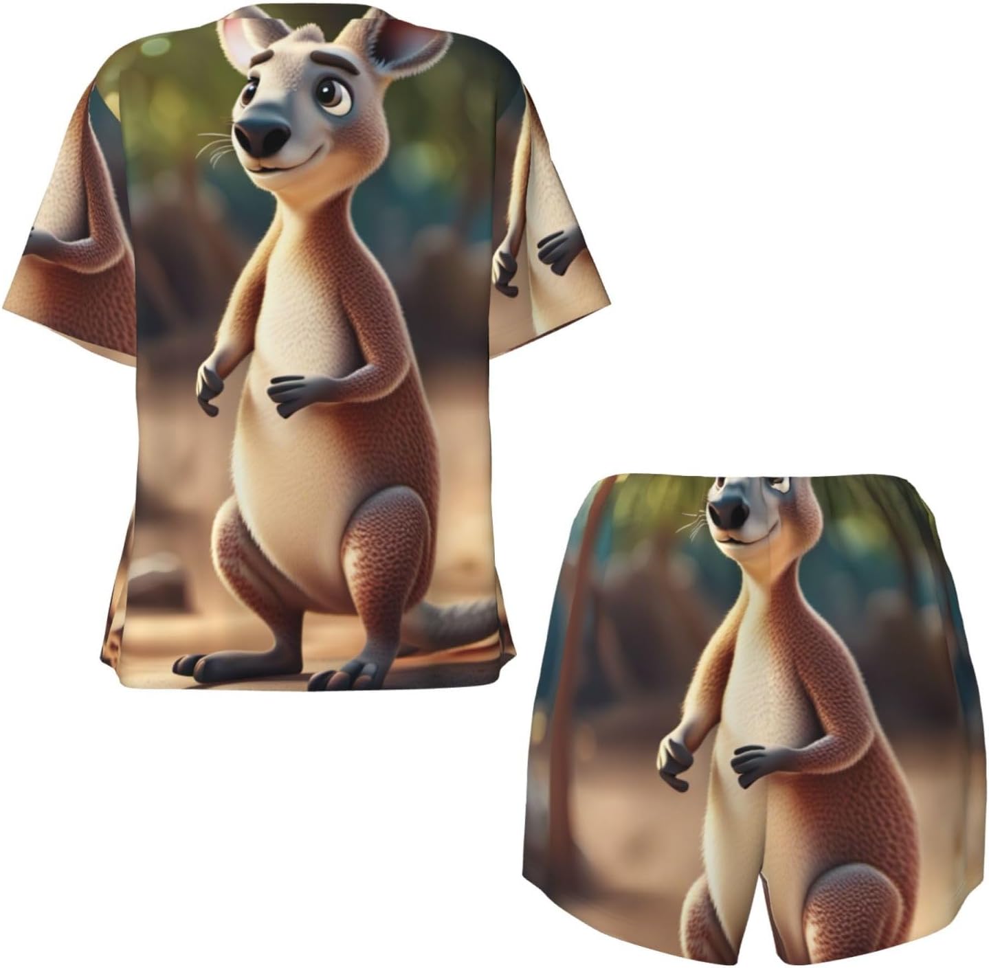 Funny Cartoon Kangaroo Zoo Print Short Sleeve Pajama Set,Soft Comfy Pjs For Women,Perfect For Sleep And Loungewear
