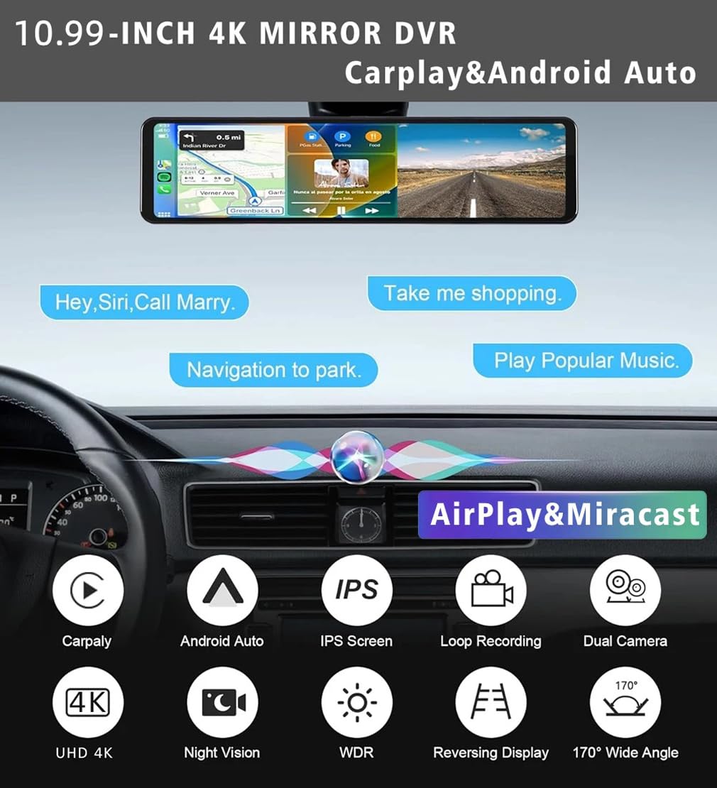 4K lustrzana kamera samochodowa z lusterkiem Carplay i Android Auto, kamera samochodowa przednia i tylna z funkcją śledzenia GPS WIFI, 11-calowa kamera z lusterkiem wstecznym ze sterowaniem głosowym /