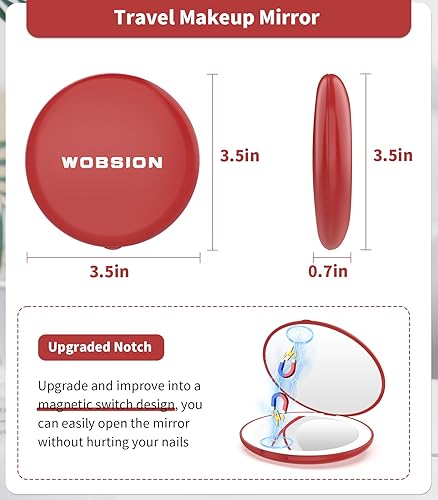 Miniatura 2 de wobsion Espejo compacto de viaje, espejo portátil de maquillaje LED 1x10x con aumento, espejo de bolsillo de mano de 2 lados, espejo pequeño de 3.5