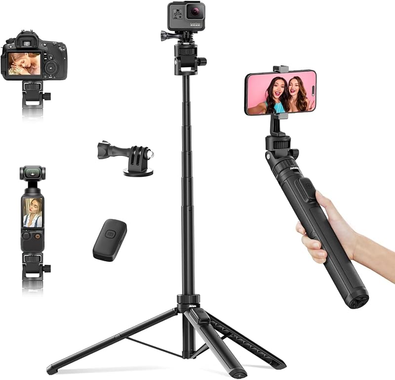 Trípode para cámara de acción Selfie Stick de 70" para GoPro, DJI y teléfono inteligente | Incluye adaptador para cámara de acción y soporte para teléfono, soporte para trípode para teléfono con control remoto inalámbrico, compatible con GoPro, DJI, serie Insta360