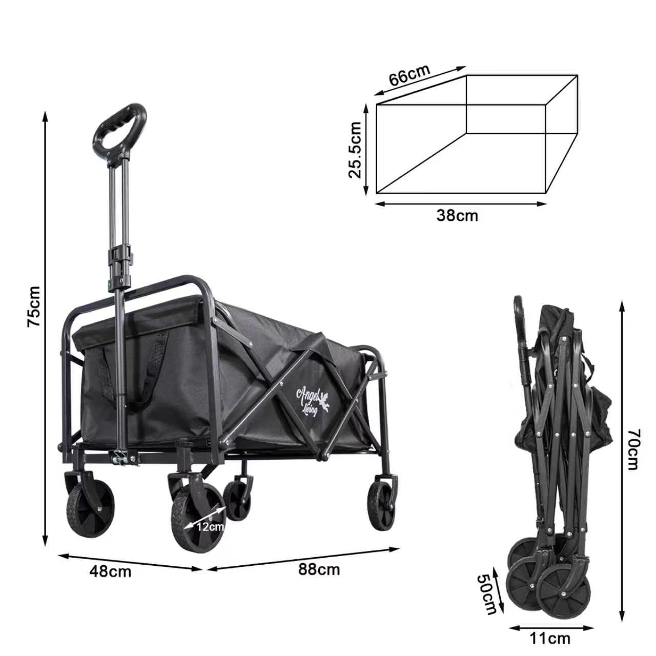 Angel Living Chariot de Transport Pliable, 200L Grande Capacité, 100kg Charge Statique, Chariot de Camping Tout Terrain avec Poignée Réglable, pour Jardin, Plage, Festival, Courses, Pique-Nique, Noir