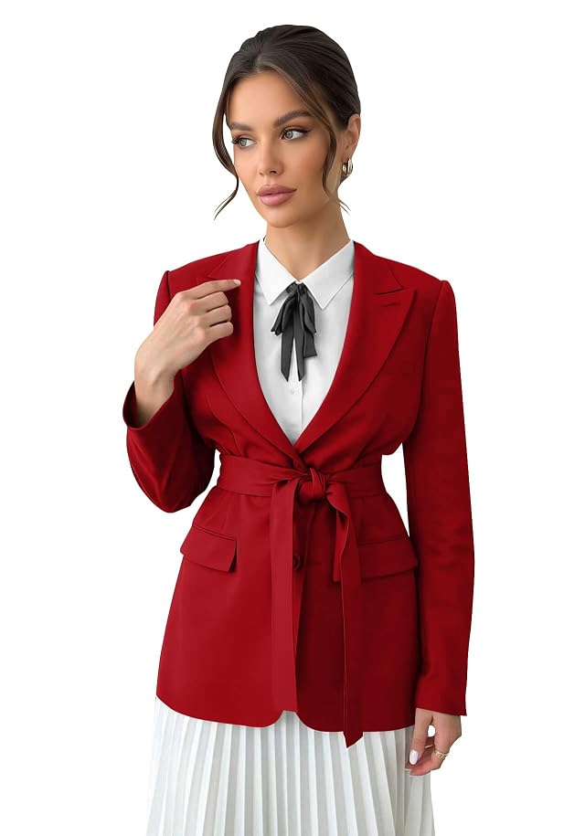 Women Blazer for Business Formal Slim Fit Jacket with Belt Peak Lapel Casual Sport Coat Tuxedo Prom Blazer