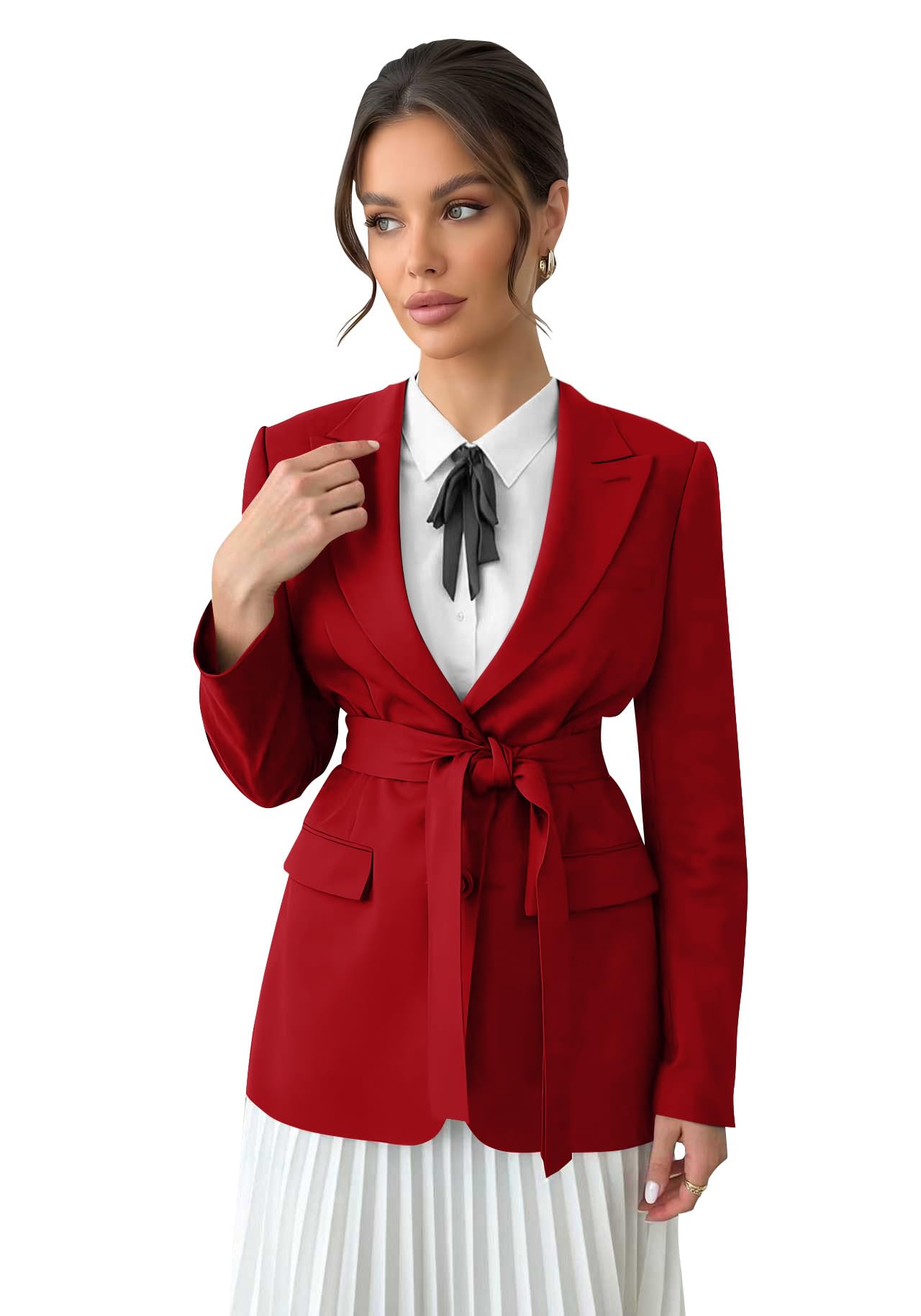 Women Blazer for Business Formal Slim Fit Jacket with Belt Peak Lapel Casual Sport Coat Tuxedo Prom Blazer
