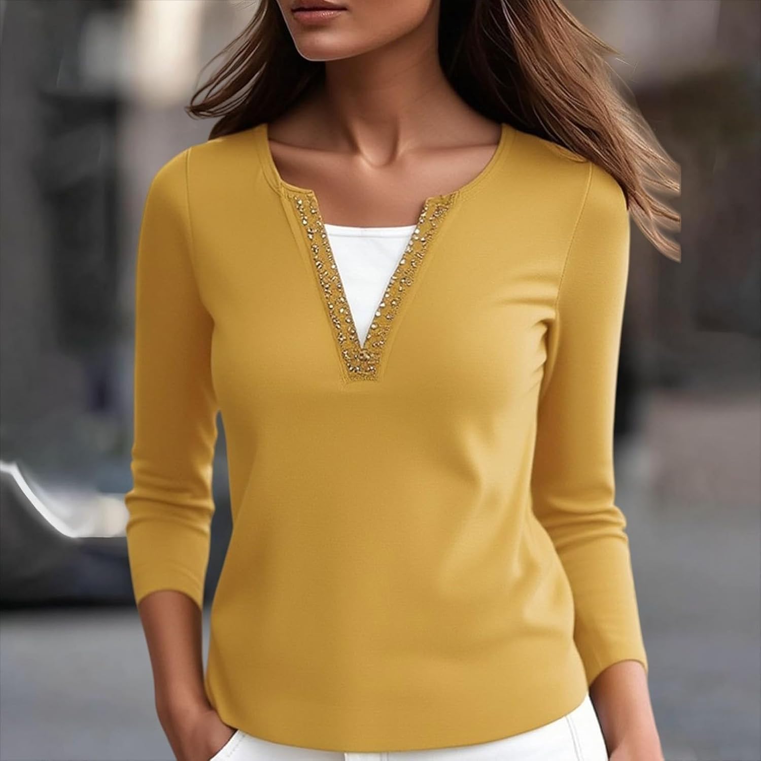 Womens Casual Bouse Dressy Long Sleeve Rhinestone V Neck Shirt Loose Fit Lightweight Color Block Pullover Work Tops