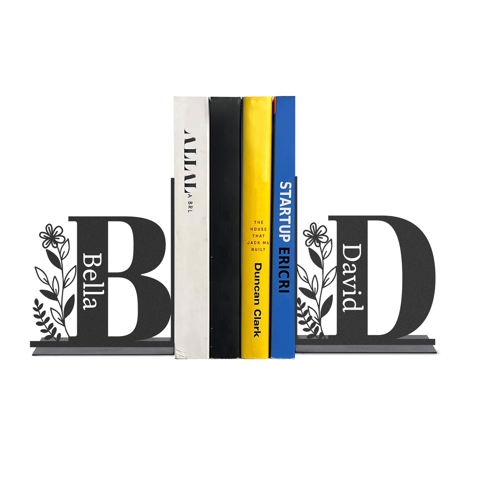 Personalized Name Metal Bookends for Shelves, Monogram Decorative Book Ends for Heavy Books, Non-Skid Stoppers, Unique Book Shelf Holder for Home