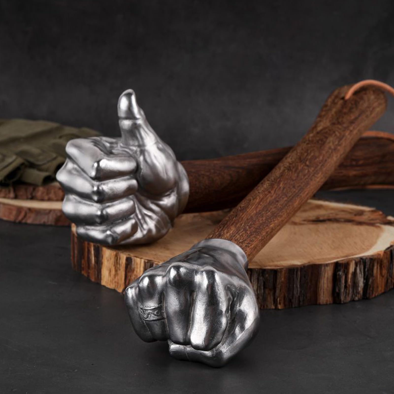 Martillo decorativo en forma de puño con cabeza de acero inoxidable con mango de madera para reparación de automóviles, jardinería y camping, martillo de puño de acero inoxidable con mango ergonómico