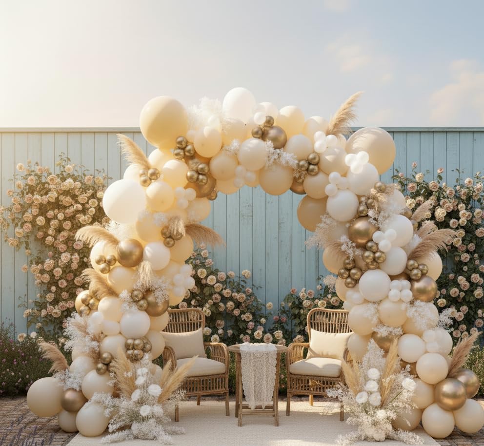 Image of Sand White Gold Balloon Arch Kit, 140Pcs Beige Nude White Balloon with Metallic Gold Balloon Garland Kit for Boho Birthday Wedding Baby Shower Bridal Shower Engagement Prom Party Decorations