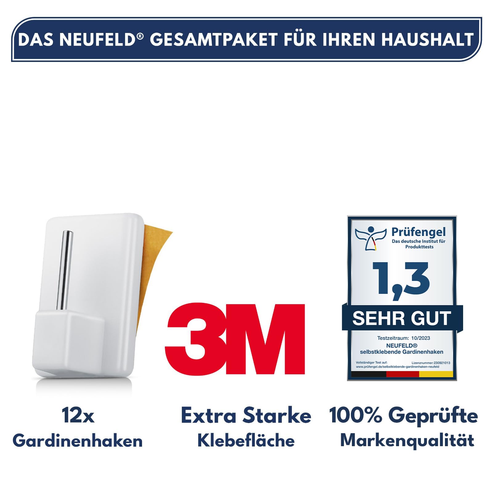 Neufeld® 12 zelfklevende gordijnhaken wit [incl. 3M kleefoppervlak] - Gordijnstangen kleefhaken zonder boren voor gordijnen & tule (12