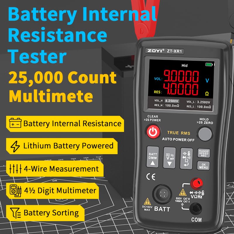 ZOYI ZT-XR1 display showing battery internal resistance and voltage measurement