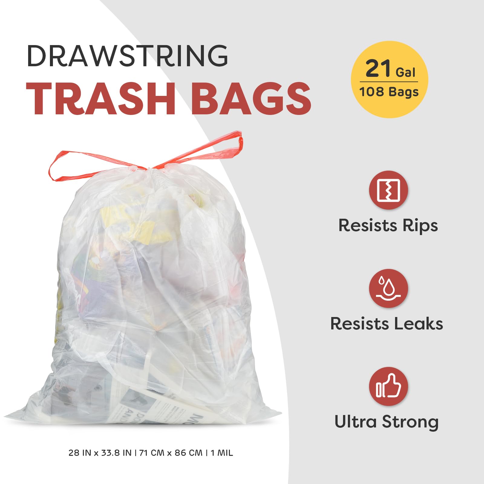 Holuwiso 21 Gallon Trash Bags, XL-Large Garbage Bags with Drawstring, 108 Count, Heavy Duty Trash Can Liners for Kitchen Office Yard Commercial Use, Clear